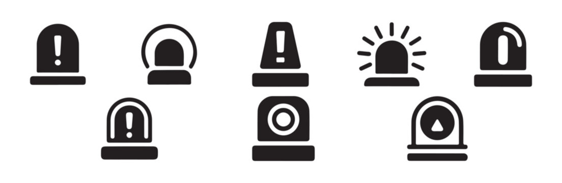 Assortment of unique emergency beacon icons featuring exclamation marks and camera surveillance features