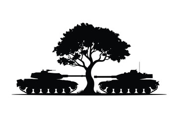 Black silhouette of a tree overshadowing two military tanks © Siraj
