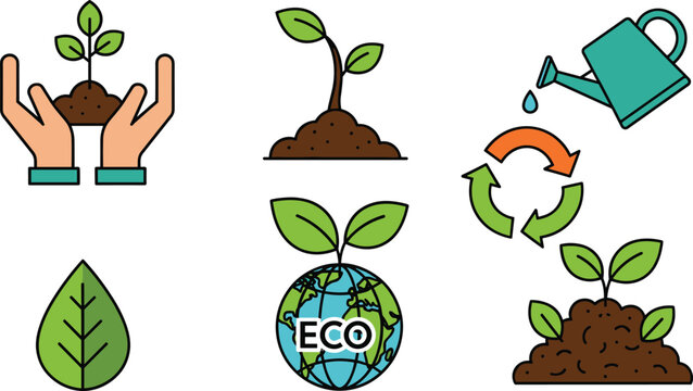 Eco Environment and Sustainable Growth Vector Set with Plant Sprout Watering Can Recycling Arrows Earth Globe and Green Leaf Icons