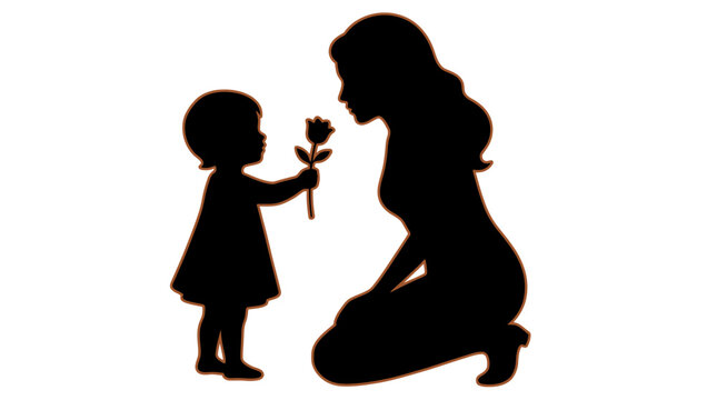 Heartwarming silhouette of a small child presenting a flower to their adoring mother, celebrating the pure bond of family and unconditional love
