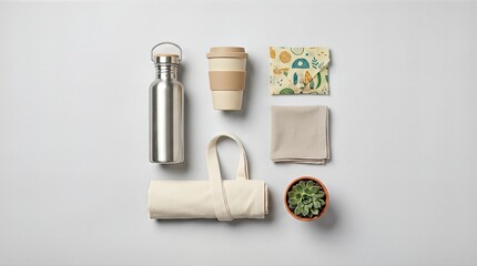 Reusable daily zero waste items on grey background. Eco friendly bottle, bamboo cup, cloth and succulent for Earth Day. Sustainable lifestyle concept and mindful consumption for plastic free living