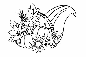 Obraz premium A black and white illustration of a cornucopia filled with fruits and vegetables