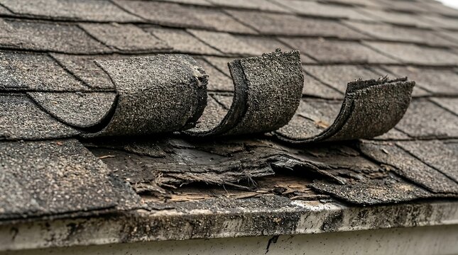 Damaged Asphalt Roof Shingles Lifting at Edge with Exposed Underlayment &ndash; Weathered Home Roof Repair Concept.