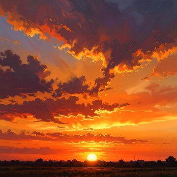 Vibrant orange and yellow sunset with scattered clouds