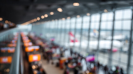 Fototapeta premium Blurred background of a modern airport hall, check-in counter, airplanes outside the window, departure lounge, arrival, travel, architecture, out-of-focus photo, copy space, bokeh