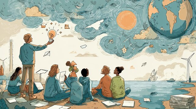 Group of people discussing ideas while watching a sunny sky with clouds and the Earth over water during the day near a coast