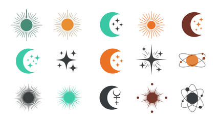 Boho celestial elements and mystical icons vector set featuring sunbursts crescent moons and sparkling stars for esoteric graphics. © your picture