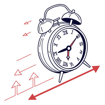 Alarm clock with arrows indicating time passing or speed with vintage clock