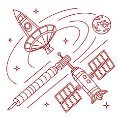 Space exploration rocket and satellite line art with perfect for science © Tawhitul