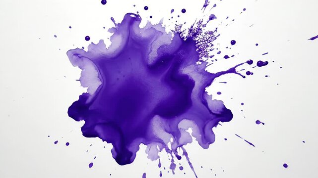 Vibrant purple ink splat on white background with droplets