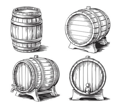 Set of antique wooden barrels in hand drawn line work style.
