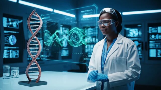Futuristic laboratory sequence with a black female scientist studying genetic engineering. Adult researcher interacts with a holographic dna interface for a medical breakthrough