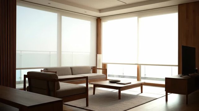 Smart home technology with automatic roller blinds closing in a modern living room. Interior design concept for a luxury apartment showing light control and privacy automation