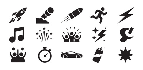 Speed competition success and celebration icons collection including rocket runner lightning music and fireworks symbols © FARJANAAKTER