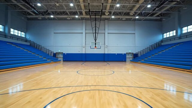 An empty indoor basketball court with blue bleachers and a polished hardwood floor. Modern school gymnasium or university arena ready for a game or championship match