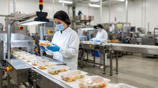 Workers in sterile suits and masks inspect pre packaged meals on a production line