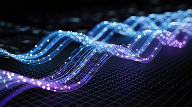 Flowing blue and purple data streams on a dark grid background.