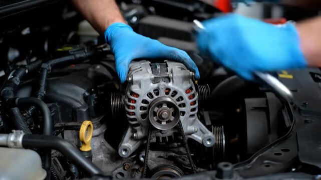 Male mechanic in blue gloves performing car alternator replacement. Step by step process of engine maintenance and repair. Automotive service technician working in a garage