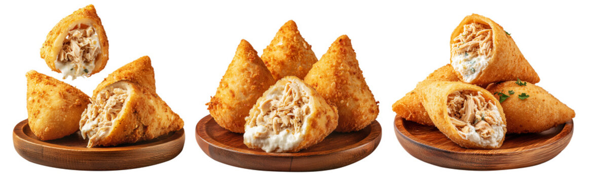 Crispy Brazil coxinha snack filled with shredded chicken croquettes and creamy cheese, isolated on white transparent background