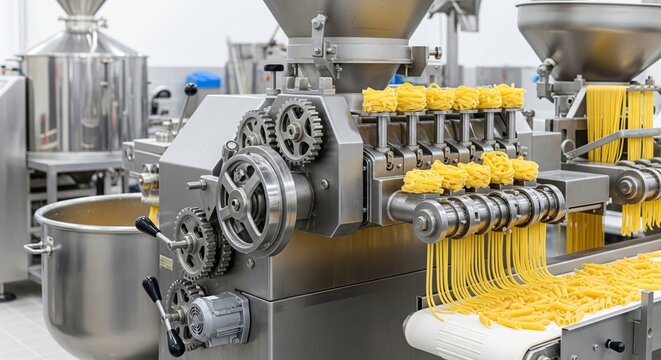 Industrial pasta production line with automated machinery extruding and processing raw pasta noodles