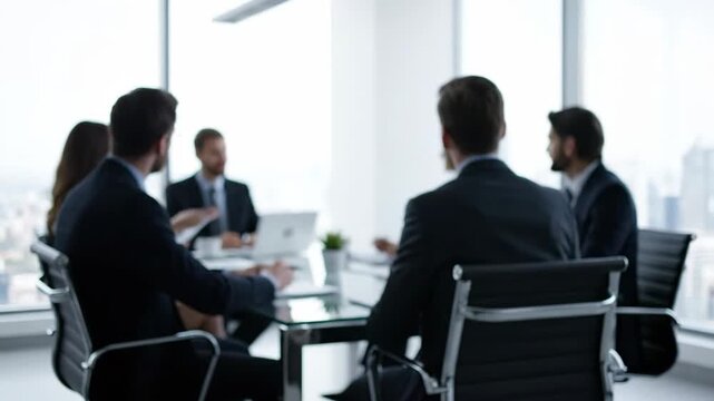 Corporate business team meeting in a modern office with panoramic city views. Professional colleagues discussing project strategy in a conference room. Wide banner for a website header