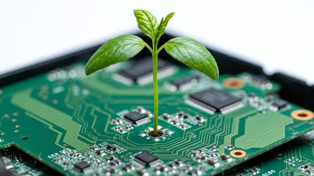 Green plant sprout growing from a computer circuit board in three stages. Sequence showing the development of sustainable technology. Concept for green computing and eco innovation