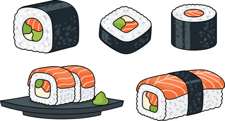 Sushi Roll Collection with Salmon Nigiri, Maki Rolls, Wasabi and Japanese Cuisine Food Illustration Vector Set © ABDUL HAKIM