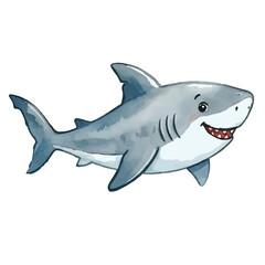 Fototapeta premium Great white shark cartoon isolated swimming underwater with blue fin and marine life elements