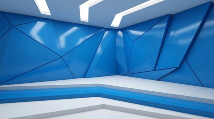 Obraz premium A modern TV studio set with blue geometric walls and white lighting, ideal for chroma key video or photo production.
