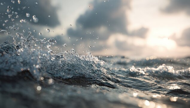 Close-up of a wave crashing with sunlight breaking through clouds overhead