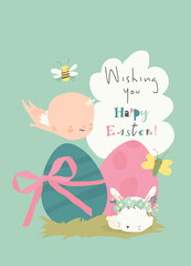 Naklejka premium Card for Easter Day with Little Cartoon Angels and Ester Eggs