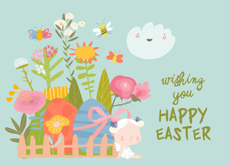 Naklejka premium Card for Easter Day with Little Cartoon Angels and Ester Eggs