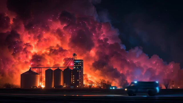 Massive fire at grain storage facility causes thick smoke and bright flames at night