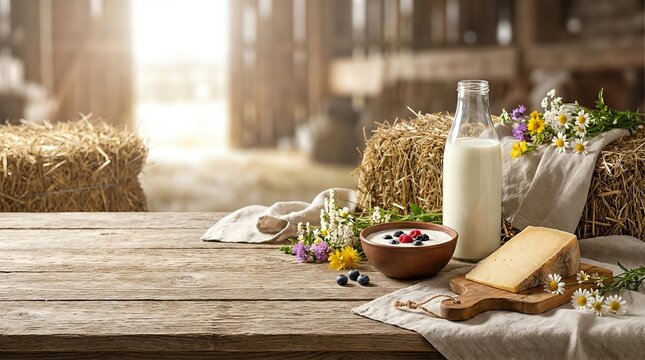 Farmer harvest with fresh milk, yogurt, and cheese on rustic wooden table. Healthy dairy product from countryside farm. Natural organic food in stable