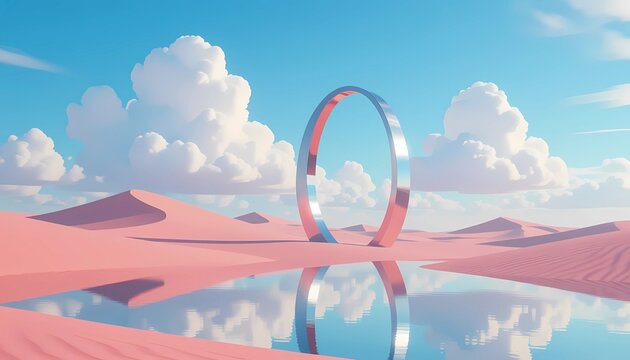 Metallic ring in desert landscape with pink clouds