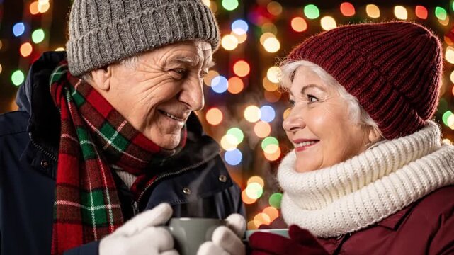 Happy Senior Couple Enjoying Hot Drinks Together with Festive Christmas Lights Background in Winter Night