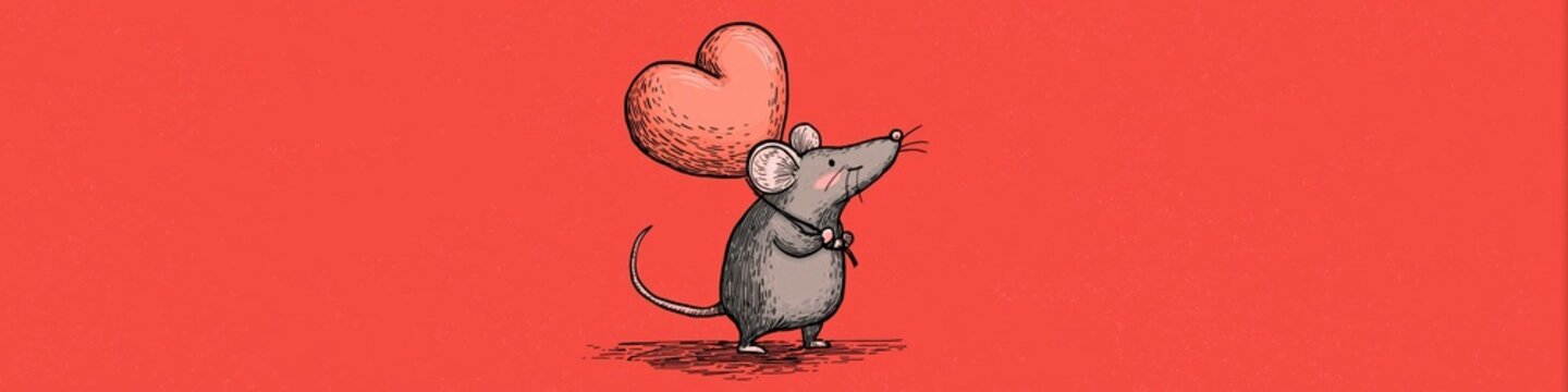 Cute gray rat carrying red heart running. Cartoon gray rat running with a large red heart on a solid red background