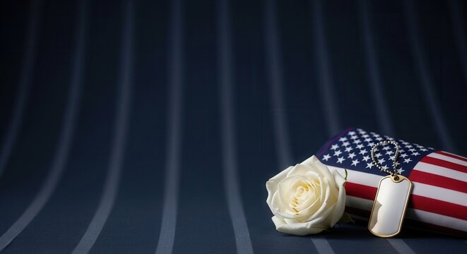 White rose with blank dog tag on American flag background. Memorial Day or Veterans Day concept of grief and remembrance for fallen military heroes with copy space.