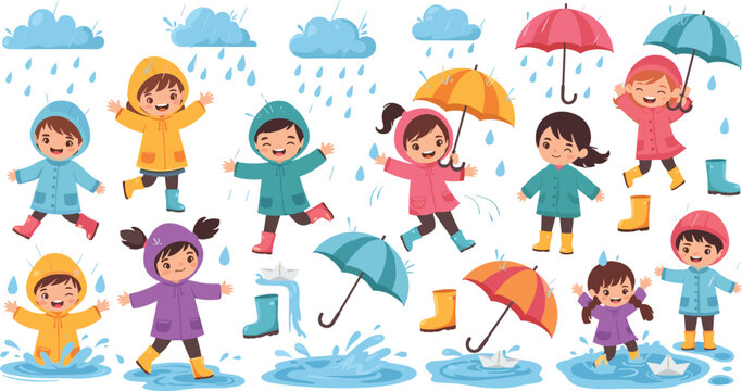 Kids Playing in Rain Cartoon Character Collection with Children Jumping in Puddles Holding Umbrellas Wearing Raincoats and Rain Boots Vector Set