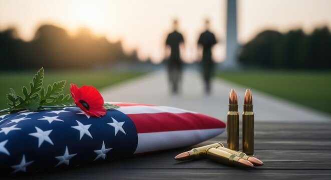 Folded American flag with red poppy and rifle bullets on wooden table with military cemetery background. Memorial Day and war remembrance concept for fallen heroes.