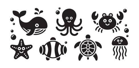 Set of cute sea animals collection with cartoon whale octopus crab starfish turtle fish jellyfish © FARJANAAKTER