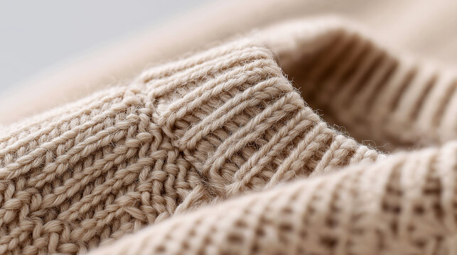 Beige knitted sweater showing cozy fabric texture with ribbed pattern and soft wool threads