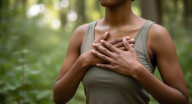 Woman Holding Hands on Chest Feeling Grateful and Calm. Mindfulness Self-Care and Emotional Wellness Concept. Black Female Model Posing in Nature with Heartfelt Gesture.