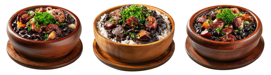 Fototapeta premium Traditional Brazilian feijoada dish with rice, black beans, beef, stew pork and oranges in bowl isolated on white background