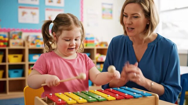 Caucasian female child with special needs learning to play a colorful xylophone with her teacher. Supportive adult woman provides encouragement during a music therapy session