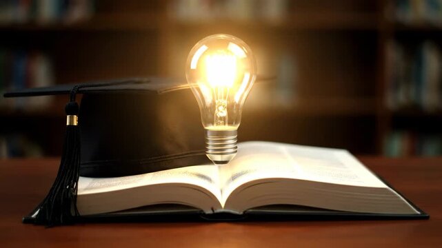 Graduation cap on an open book with a glowing lightbulb symbolizing a new idea. Concept for knowledge, academic achievement and educational innovation from higher learning