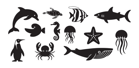 Aquatic wildlife silhouettes featuring whale shark dolphin penguin crab jellyfish and sea turtle © FARJANAAKTER