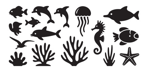 Set of various marine animals icons and ocean plants silhouettes isolated on white background © FARJANAAKTER