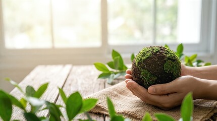 Woman holding a globe made of soil and moss in hands. Earth day concept for nature conservation and environmental protection