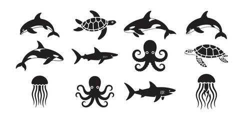 Variety of marine animals icons including dolphins, orcas, sharks, turtles and octopuses © FARJANAAKTER